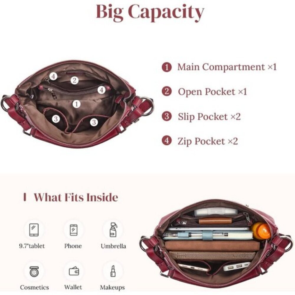 🆕Womens Wine Genuine Leather Shoulder Bag Top Handle Handbag Ladies Purses - Picture 9 of 11